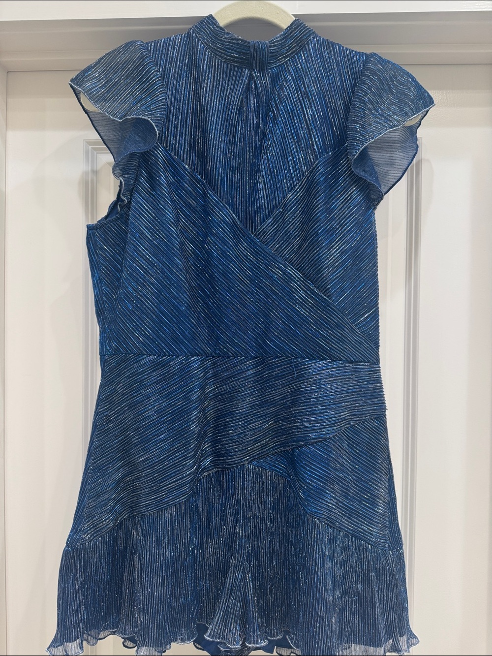 SAYLOR Blue Metallic Pleated Romper with Flutter Sleeves